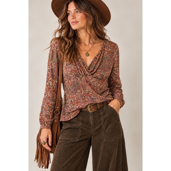 Chaps Tops - Chaps Petite PXL Paisley Surplice V-Neck Long Sleeve Top Red Multi Boho Viscose